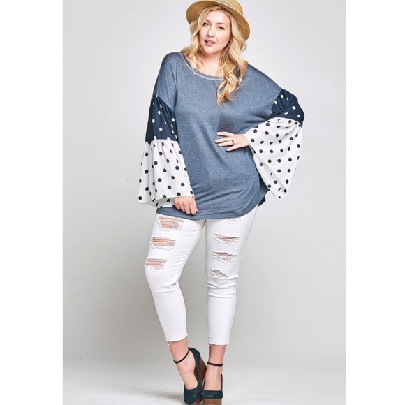 Tops - Plus Polka Dot Kimono Bell Sleeve Tunic Shirt Top